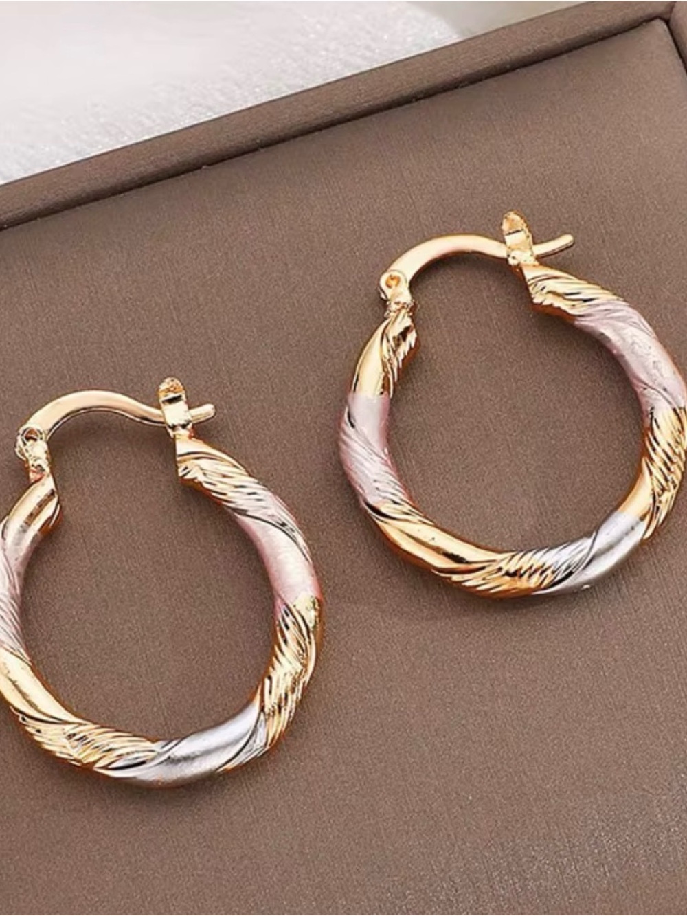Tri-Tone Twisted Hoop Earrings - Gold, Rose, Silver